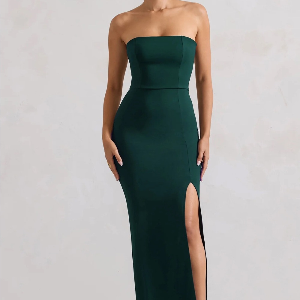 Club L London Belle of the Ball Strapless bandeau Dark Green Dress w/ split hem